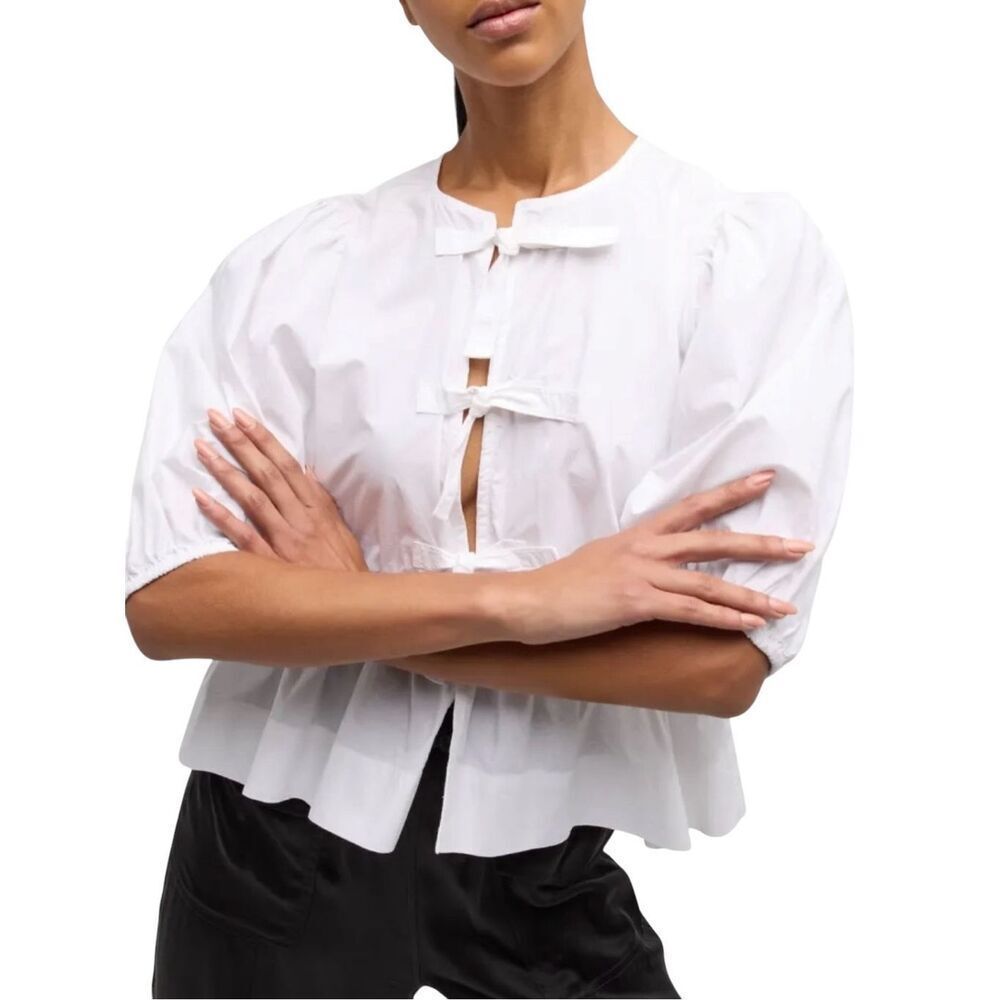 NWT Ganni White Cotton Poplin Peplum Tie Blouse Size 44 US L